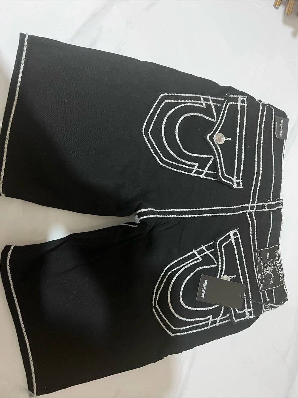 True Religion Black Jean Shorts with White Contrast Stitching
